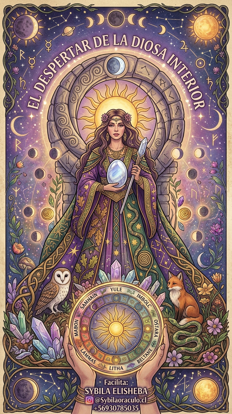 Goddess holding a crystal orb with celestial symbols and animals